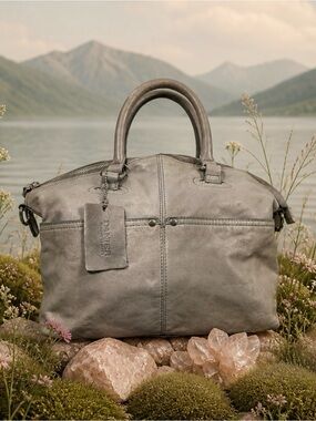 Danier Grey Leather Duffel Satchel